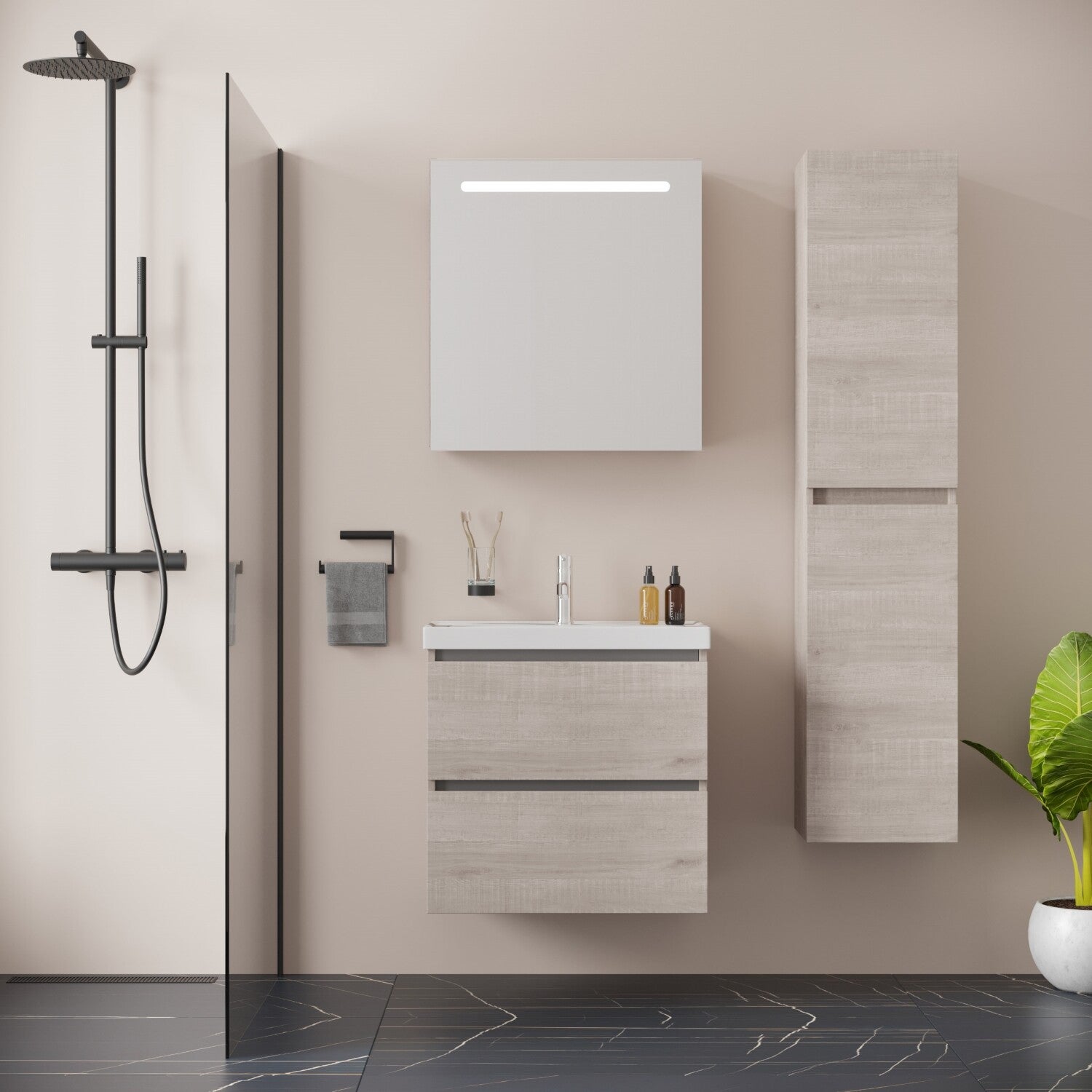 BONN SET 65 cm Badkamermeubel (Lissabon) +Wastafel Keramiek+Badkamerspiegel met Led-verlichting