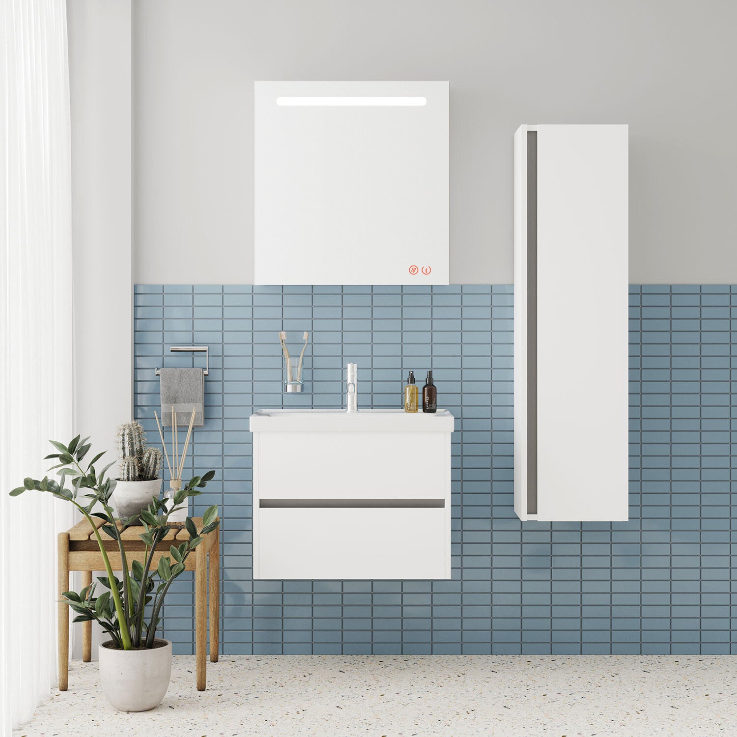 JENA SET 65 cm Badkamermeubel (Hoogglans Wit) +Wastafel Keramiek+Badkamerspiegel met Led-verlichting