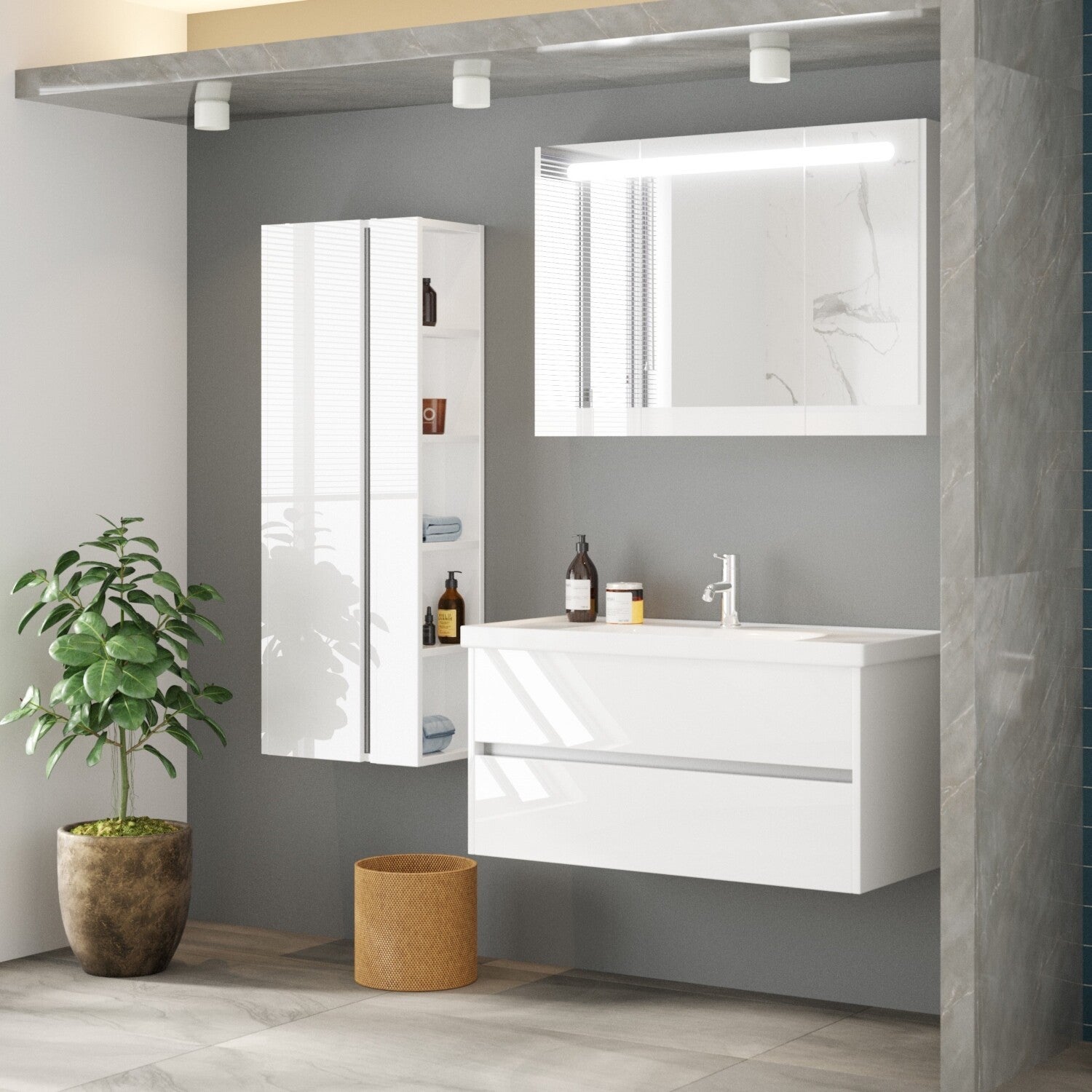 JENA SET 100 cm Badkamermeubel ( Hoogglans Wit ) +Wastafel Keramiek+ Led Spiegelkast