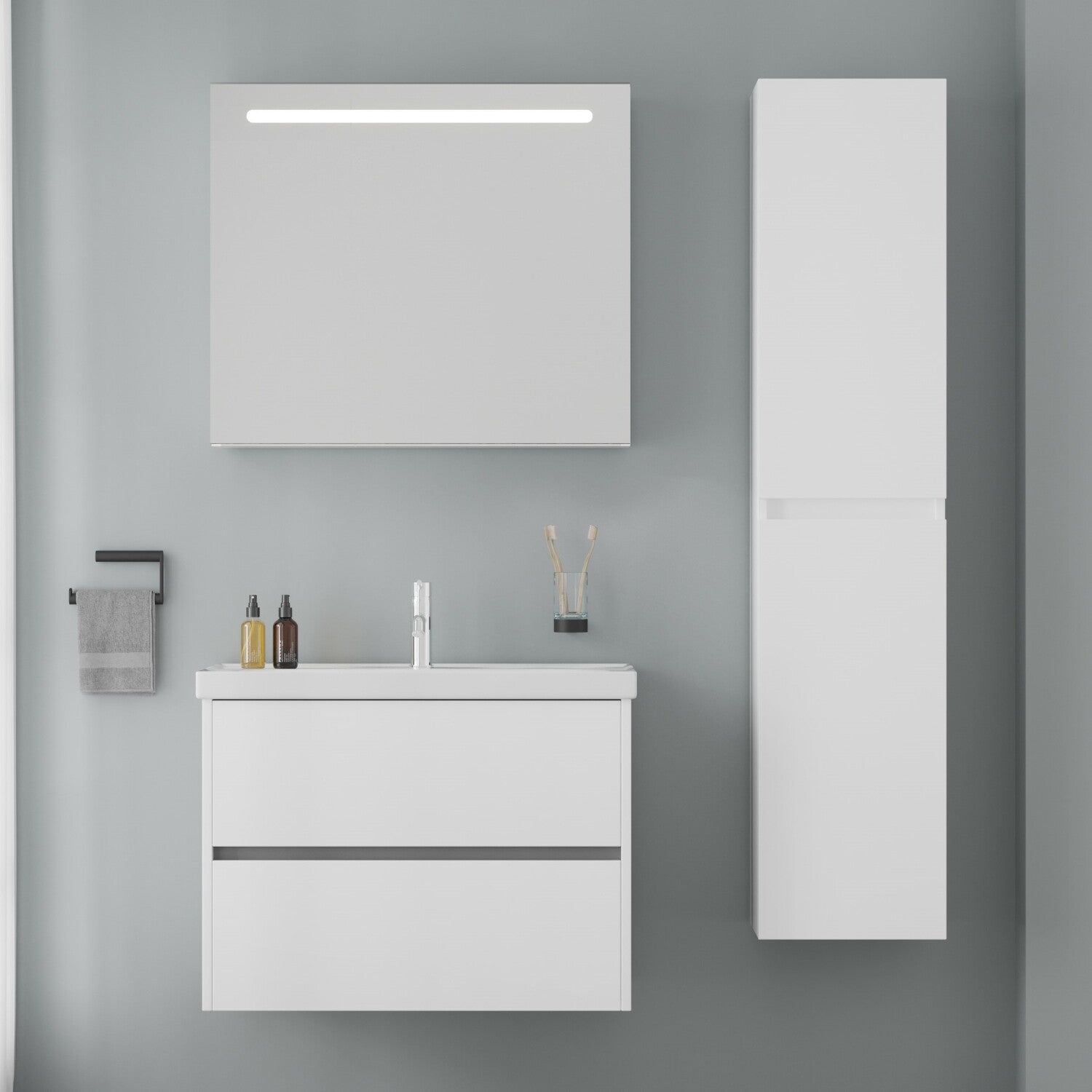 BERLIN SET 80 cm Badkamermeubel (Hoogglans Wit) +Wastafel Keramiek+Badkamerspiegel met Led-verlichting