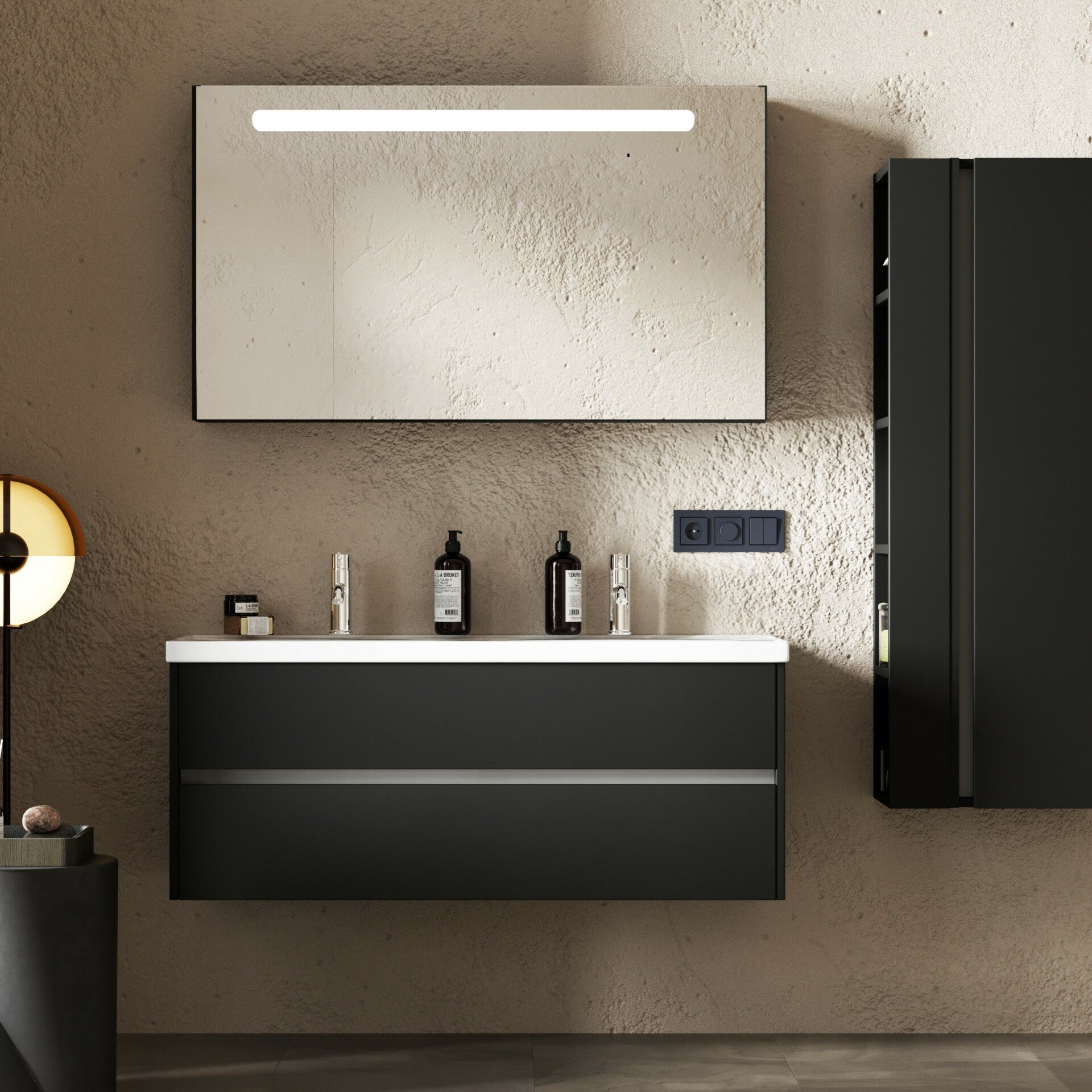 JENA SET 120 cm Badkamermeubel (Mat Zwart)+Wastafel Keramiek+Badkamerspiegel met Led-verlichting