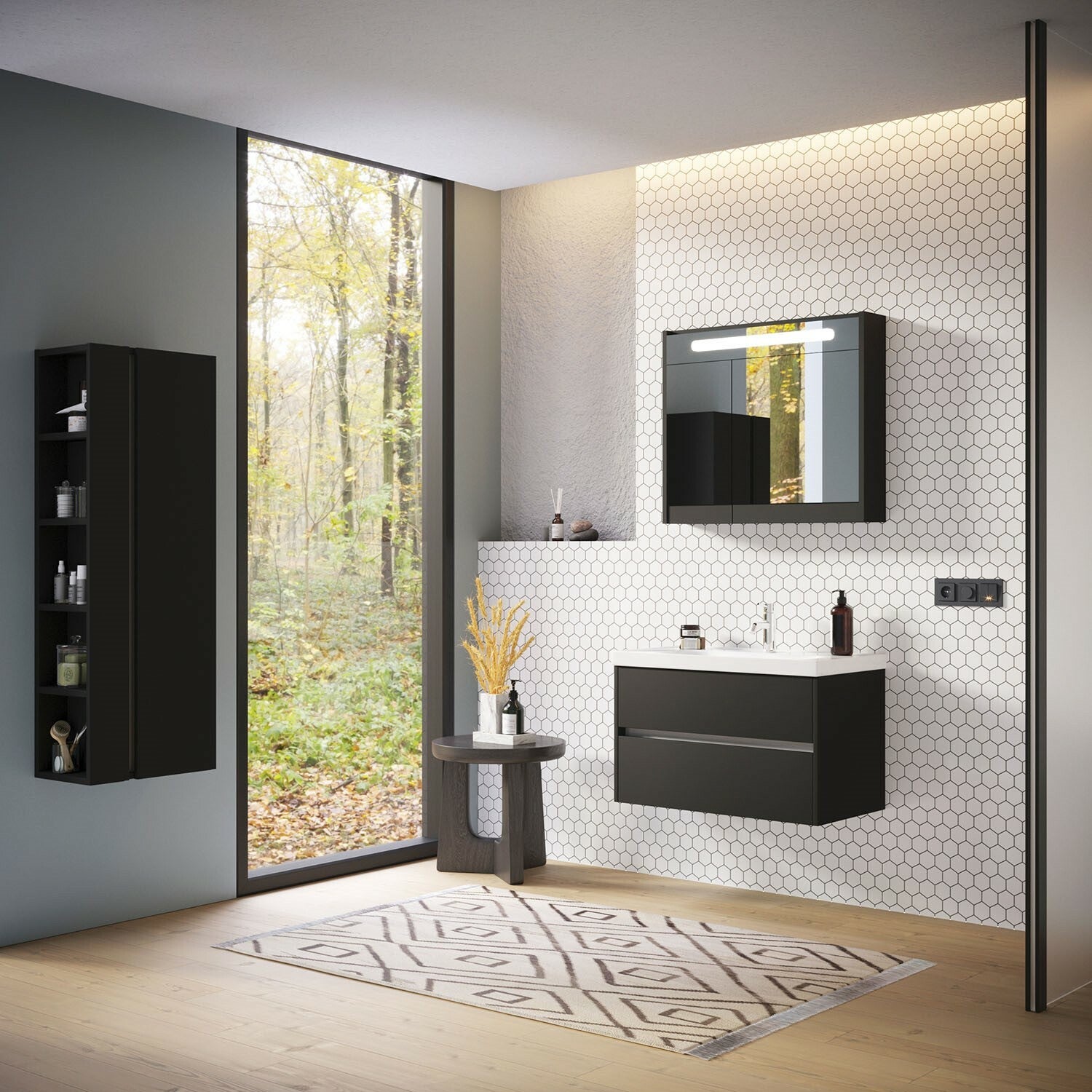 JENA SET 80 cm Badkamermeubel ( Mat Zwart ) +Wastafel Keramiek+Led Spiegelkast