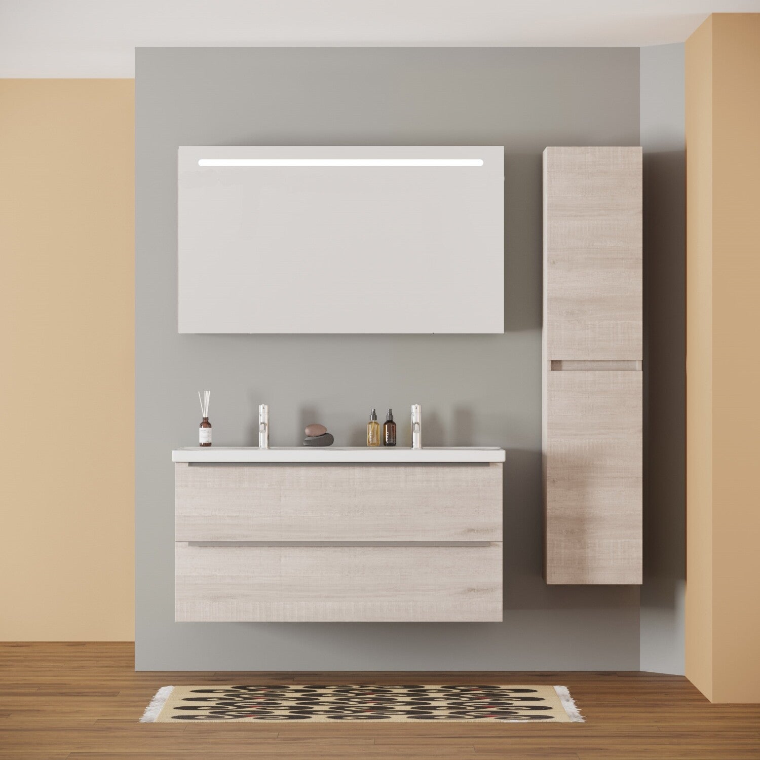 FRANKFURT SET 120 cm Badkamermeubel (Lissabon) +Wastafel Keramiek+Badkamerspiegel met Led-verlichting