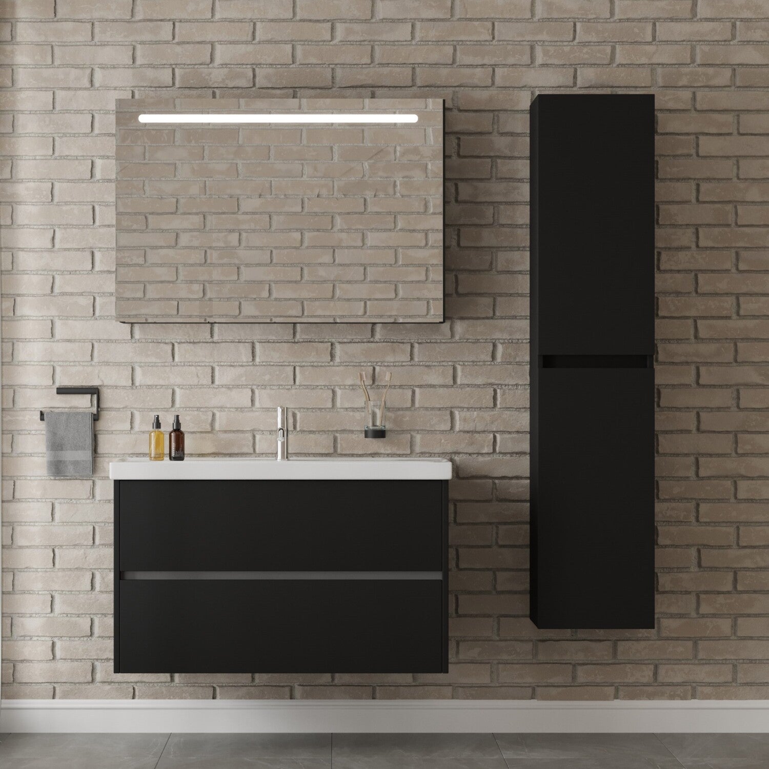 BERLIN SET 100 cm Badkamermeubel (Mat Zwart) +Wastafel Keramiek+Badkamerspiegel met Led-verlichting