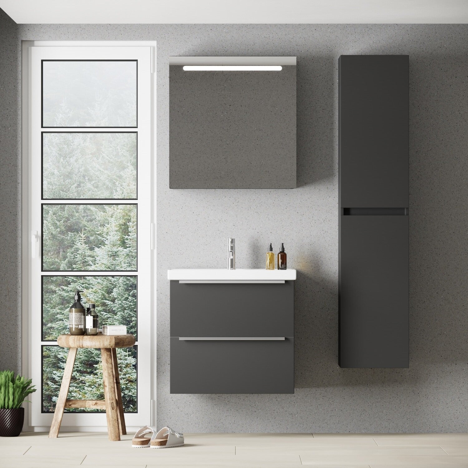FRANKFURT SET 65 cm Badkamermeubel (Mat Zwart) +Wastafel Keramiek+Badkamerspiegel met Led-verlichting