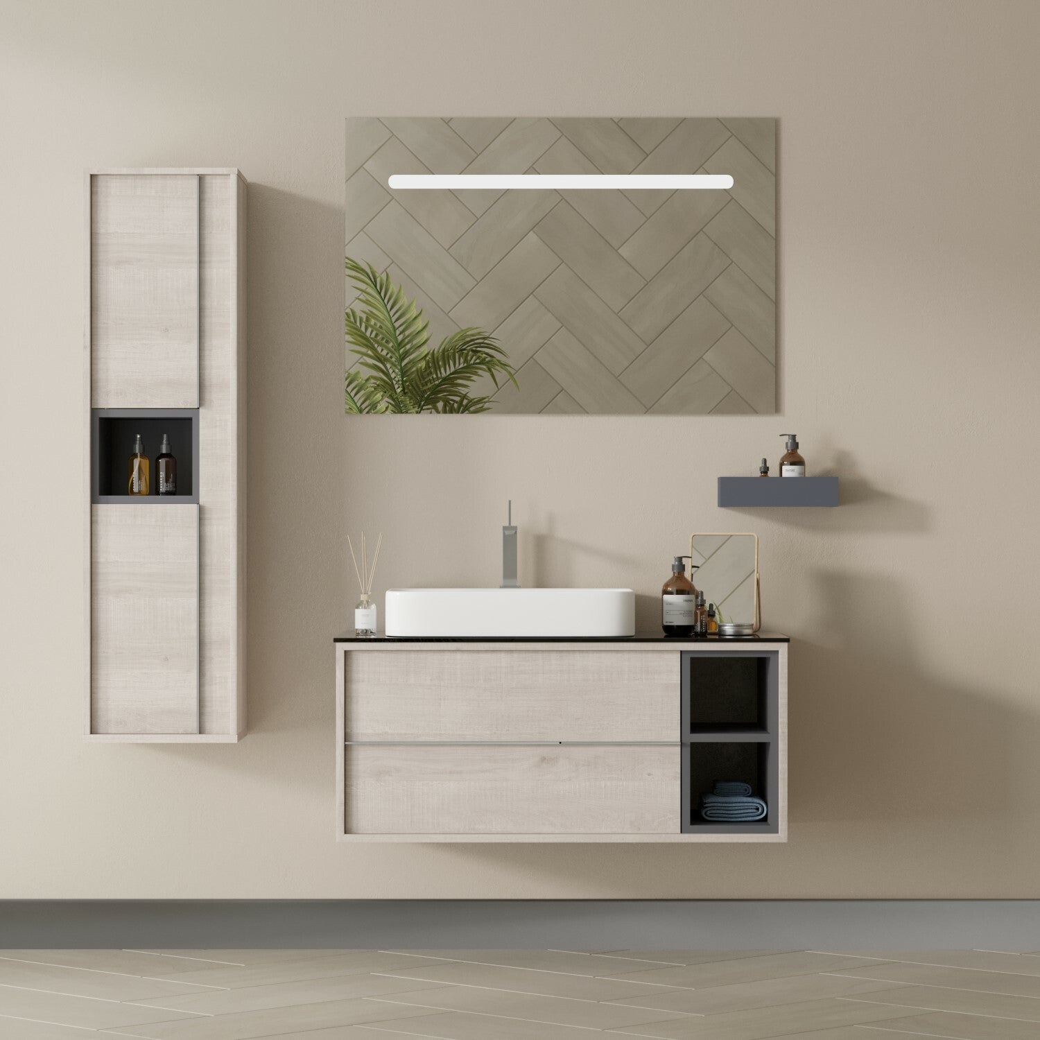 ELENTRA SET 100 cm Badkamermeubel (Lissabon-Mat Antraciet) +Waskom Keramiek+ Badkamerspiegel met Led-verlichting