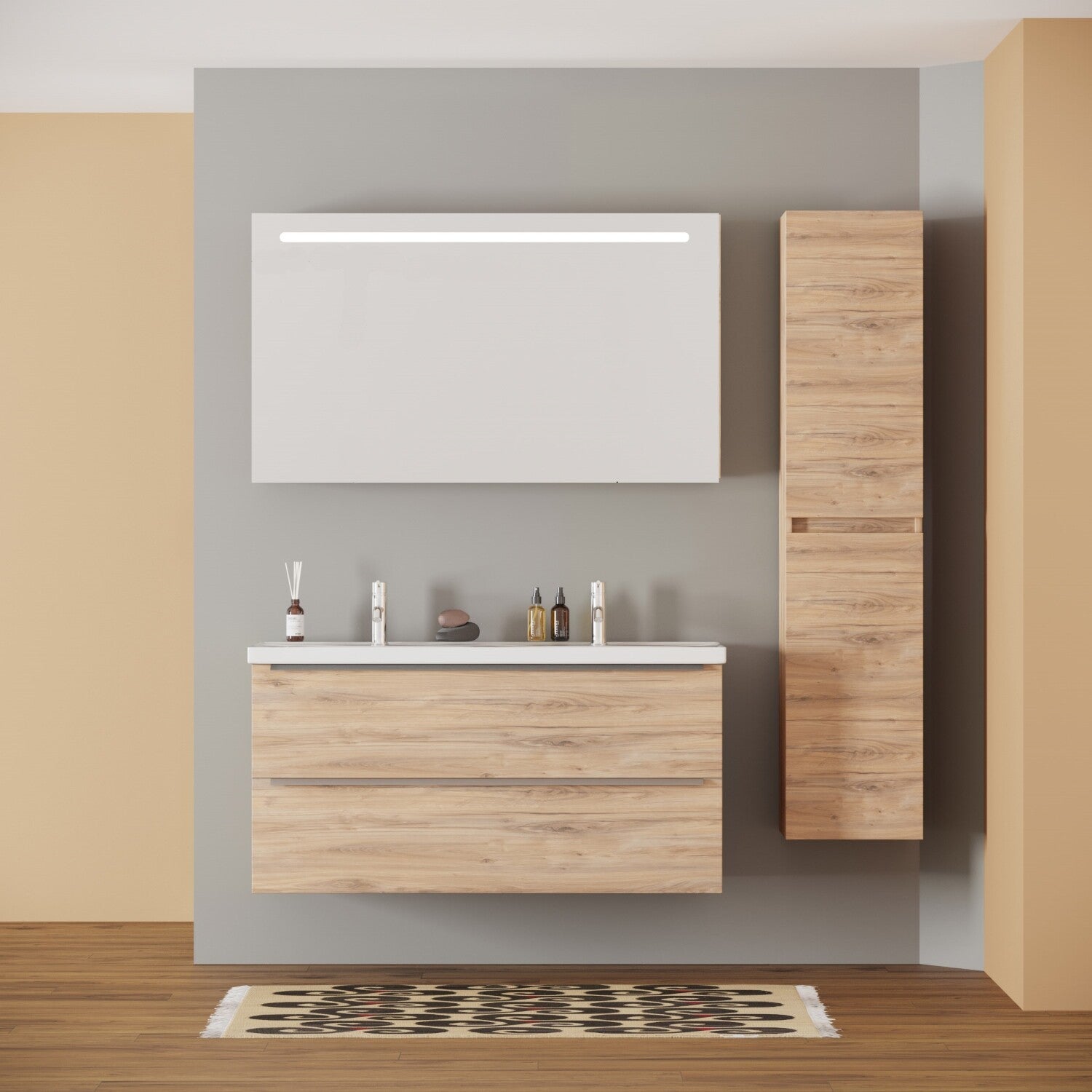 FRANKFURT SET 120 cm Badkamermeubel (Dorado) +Wastafel Keramiek+Badkamerspiegel met Led-verlichting