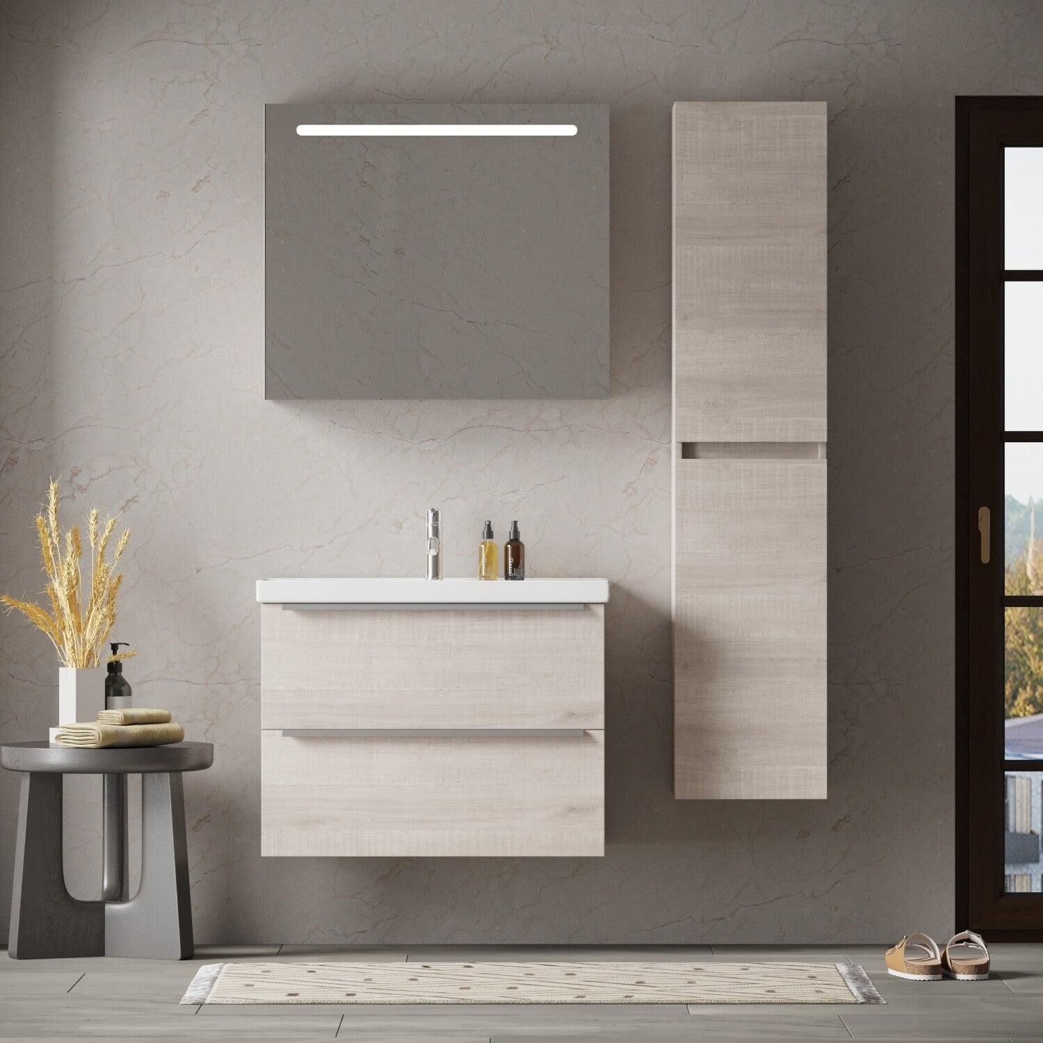 FRANKFURT SET 80 cm Badkamermeubel (Lissabon) +Wastafel Keramiek+Badkamerspiegel met Led-verlichting