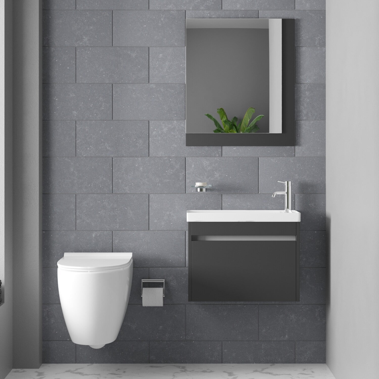 VENLO SET 60 cm Toiletmeubel (Mat Zwart) +Wastafel Keramiek+Spiegel