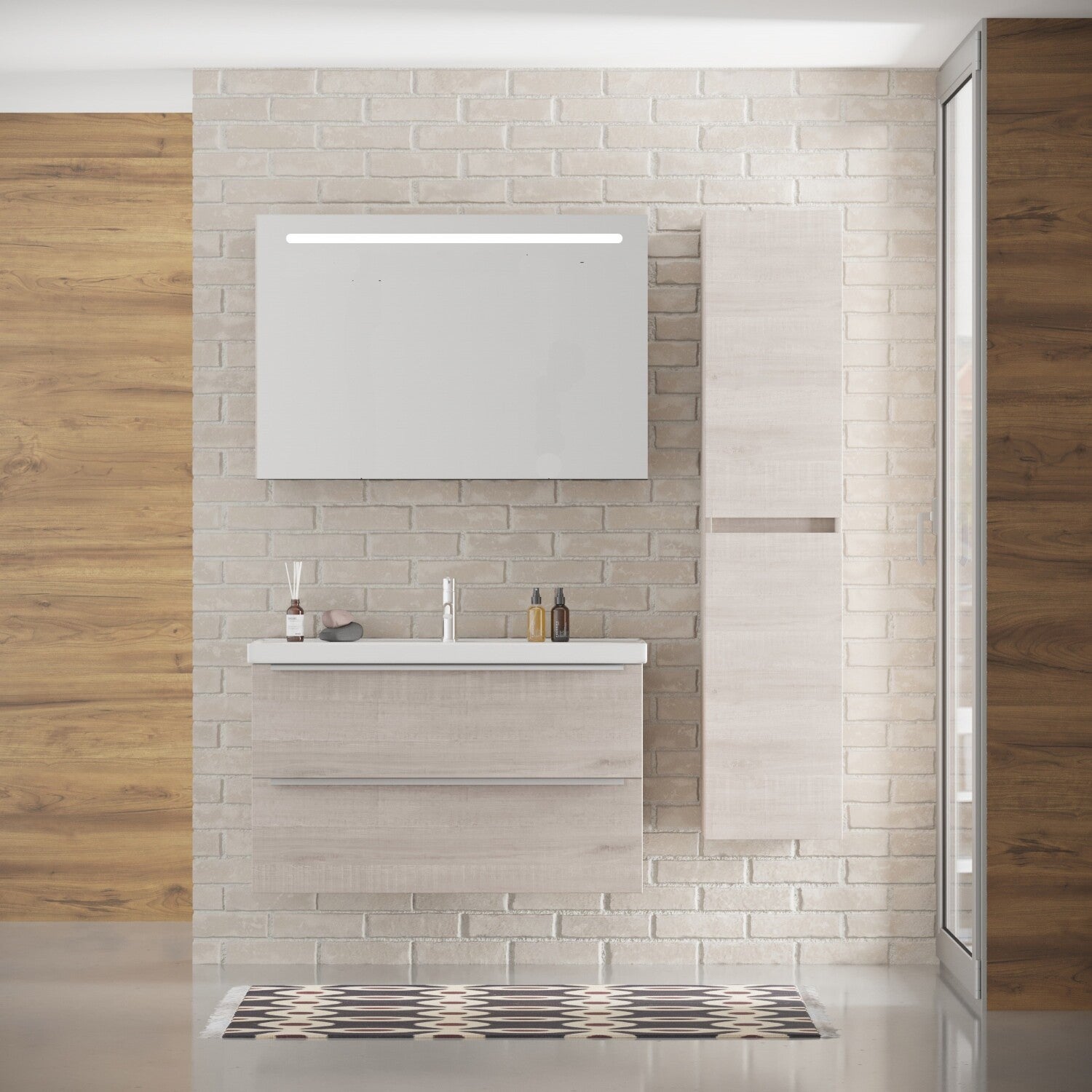 FRANKFURT SET 100 cm Badkamermeubel (Lissabon) +Wastafel Keramiek+Badkamerspiegel met Led-verlichting