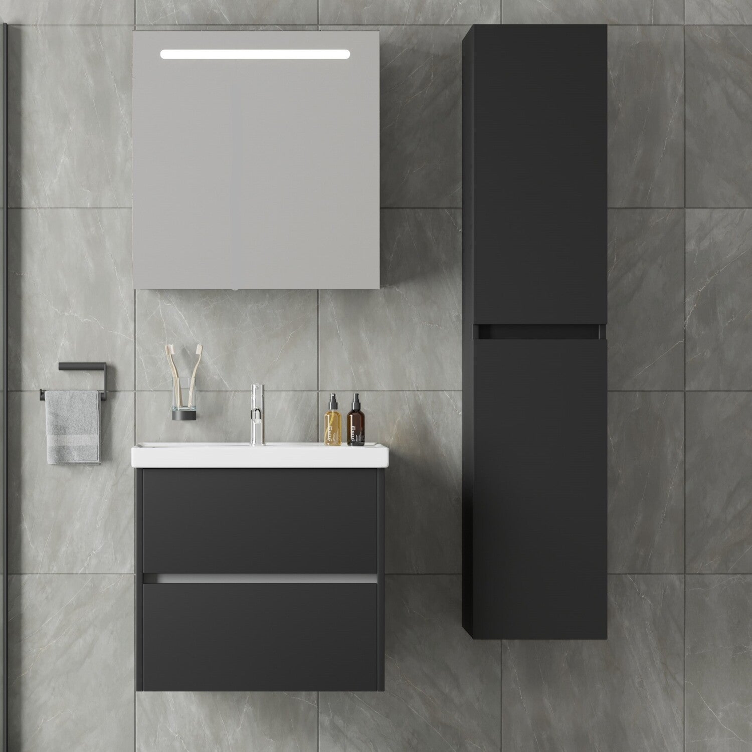 BERLIN SET 65 cm Badkamermeubel (Mat Zwart) +Wastafel Keramiek+Badkamerspiegel met Led-verlichting