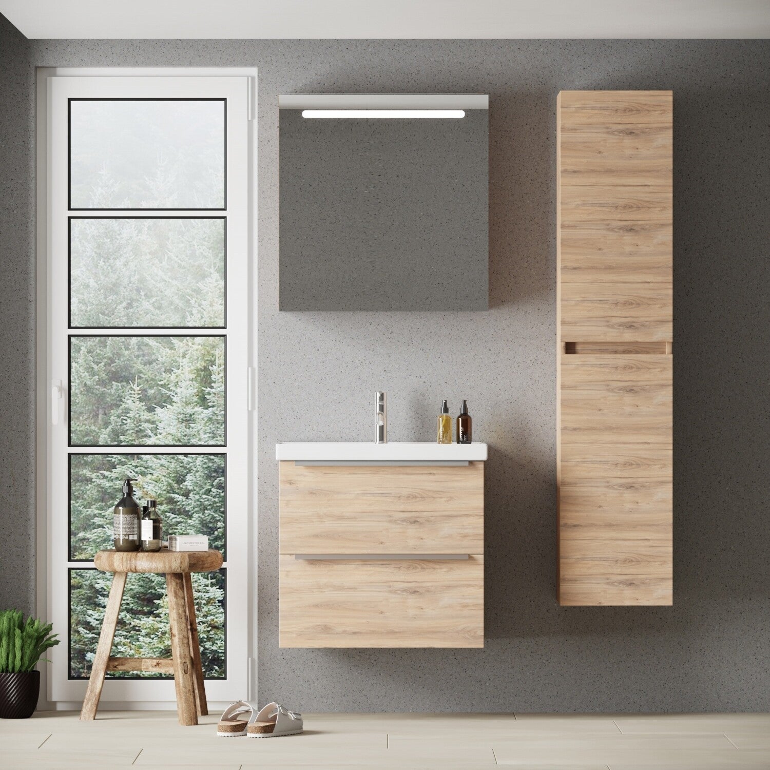 FRANKFURT  SET 65 cm Badkamermeubel (Doroda) +Wastafel Keramiek+Badkamerspiegel met Led-verlichting