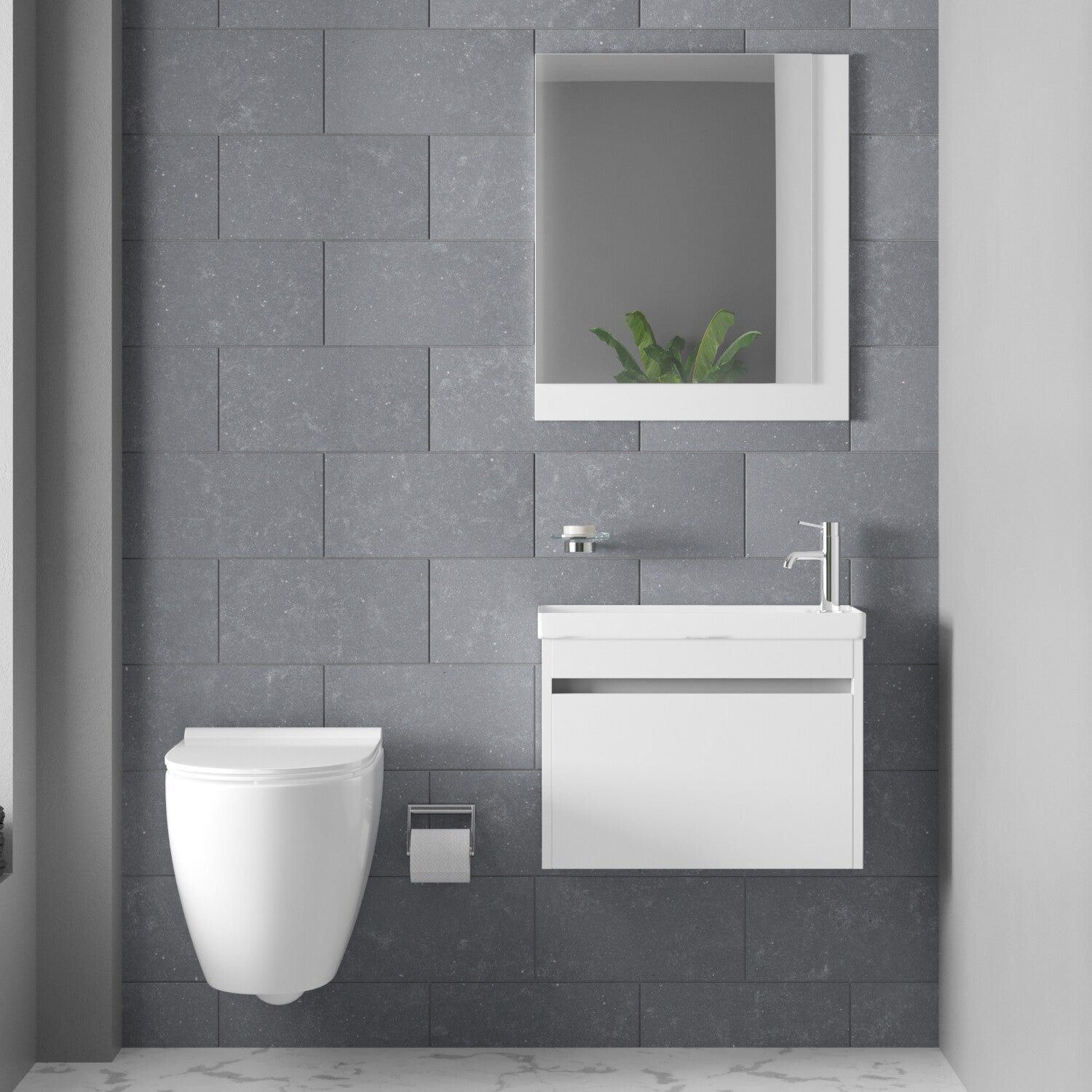 VENLO SET 60 cm Toiletmeubel (Hoogglans Wit) +Wastafel Keramiek+Spiegel