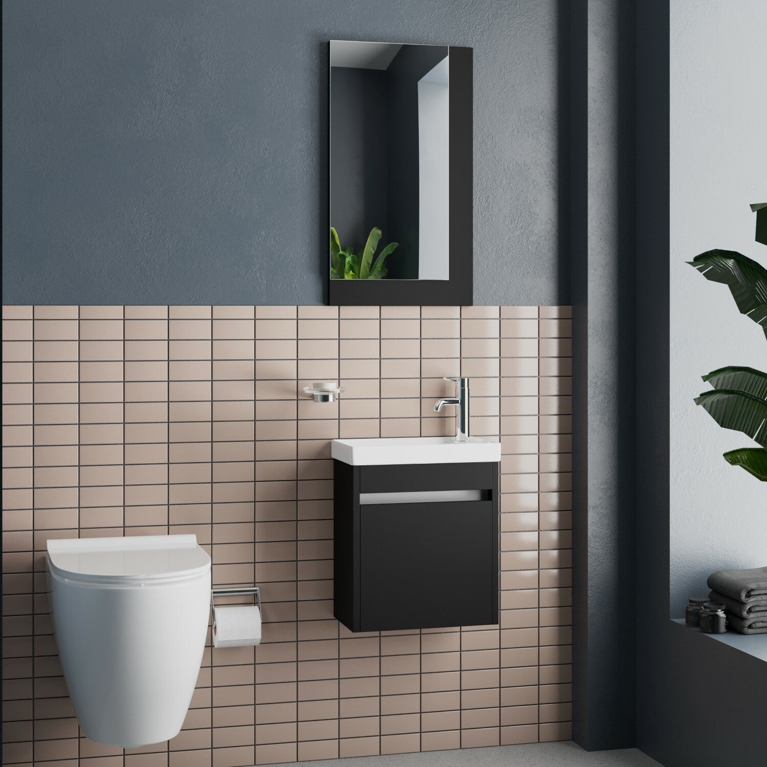 VENLO SET 40 cm Toiletmeubel (Mat Zwart) +Wastafel Keramiek+Spiegel