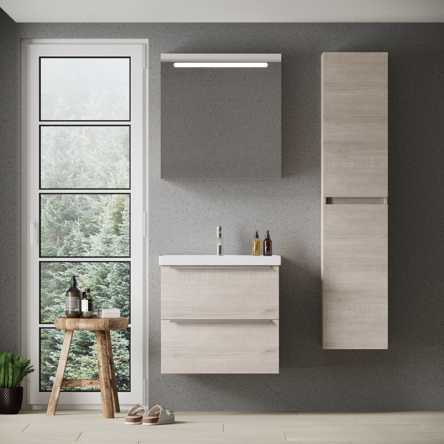 FRANKFURT SET 65 cm Badkamermeubel (Lissabon) +Wastafel Keramiek+Badkamerspiegel met Led-verlichting