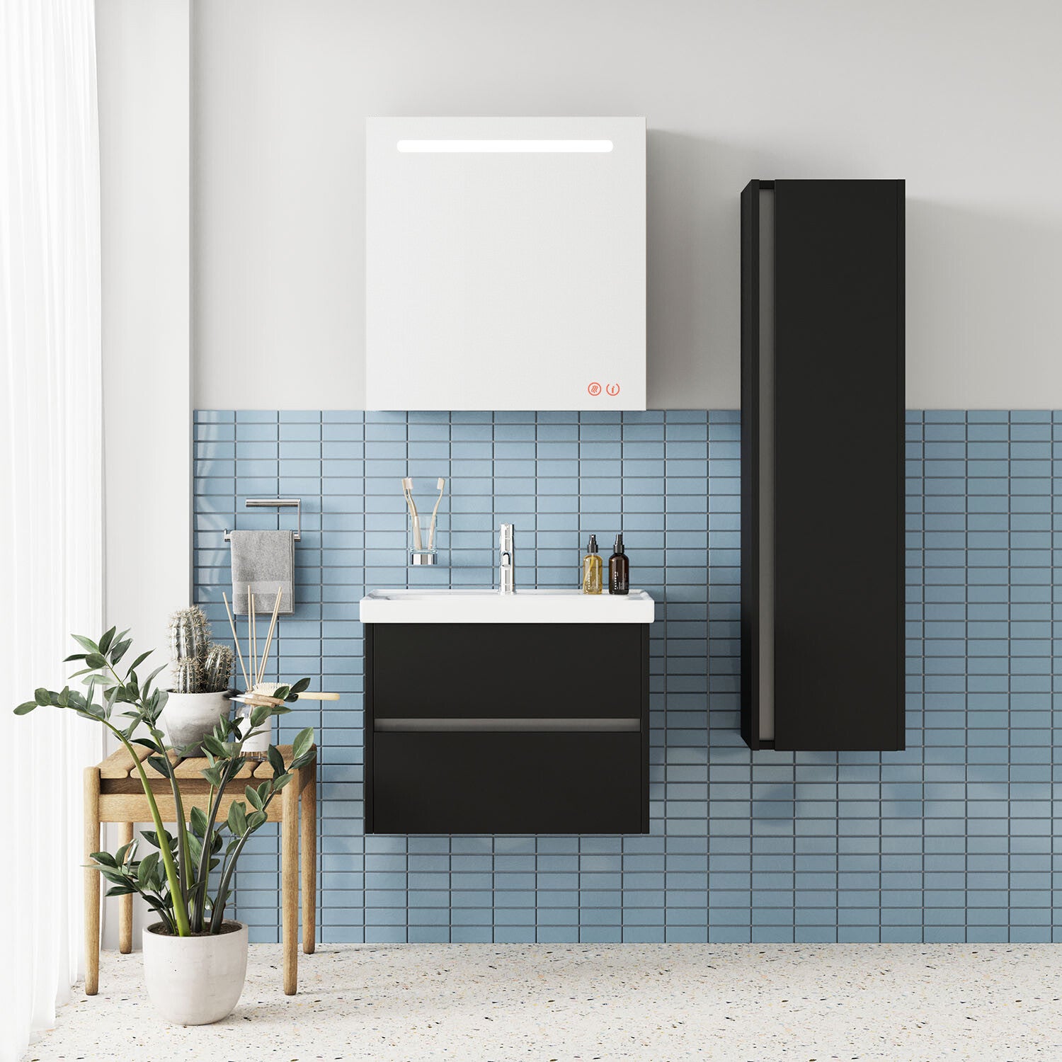 JENA SET 65 cm Badkamermeubel (Mat Zwart) +Wastafel Keramiek+Badkamerspiegel met Led-verlichting
