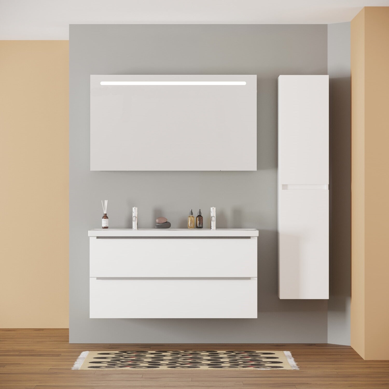 FRANKFURT SET 120 cm Badkamermeubel (Hoogglans Wit) +Wastafel Keramiek+Badkamerspiegel met Led-verlichting