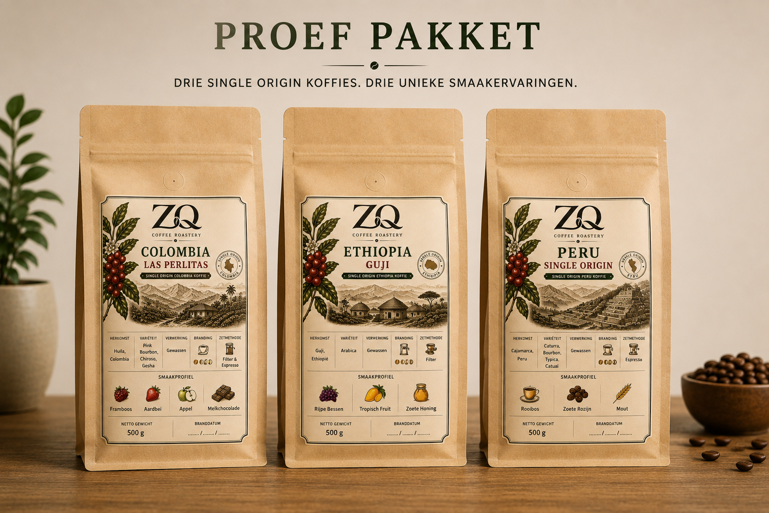 ZQ Coffee Proefpakket –🇨🇴 Colombia • 🇵🇪Peru • 🇪🇹Ethiopia