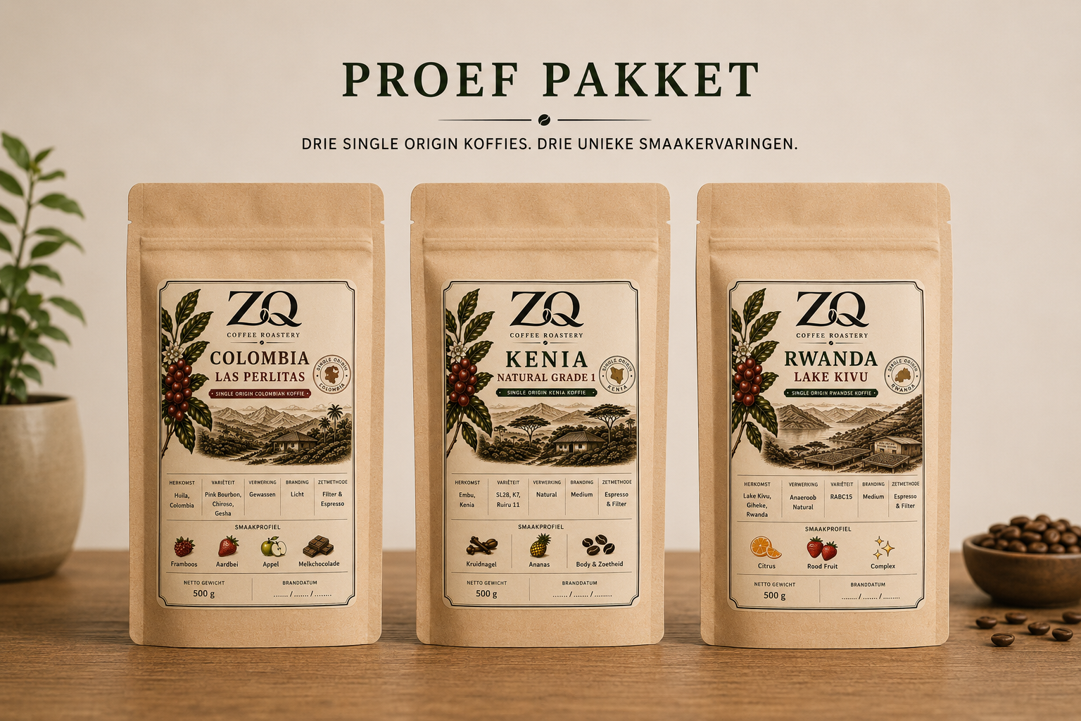 ZQ Coffee proefpakket –  🇨🇴 Colombia • 🇰🇪 Kenya • 🇷🇼 Rwand