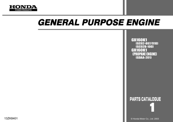 Honda GX Series GX160K1 code GC02 GC02B GDAA Parts Manual