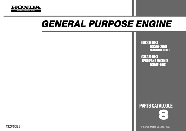 Honda GX Series GX390K1 code GCAA GDAAM GDAF Parts Manual