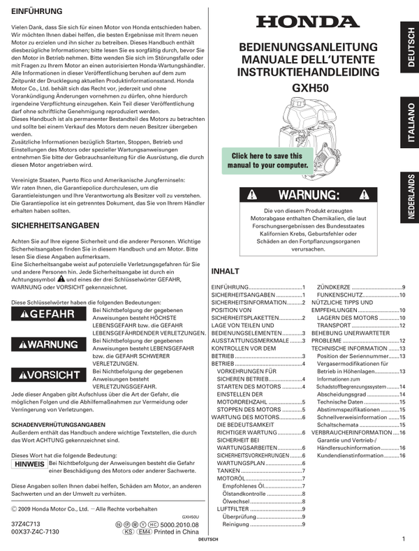 Honda GXH Series GXH50 Owners Service Manual