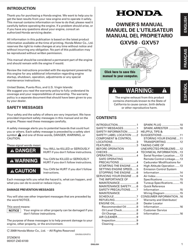 Honda GXV Series GXV57 Operators Service Manual