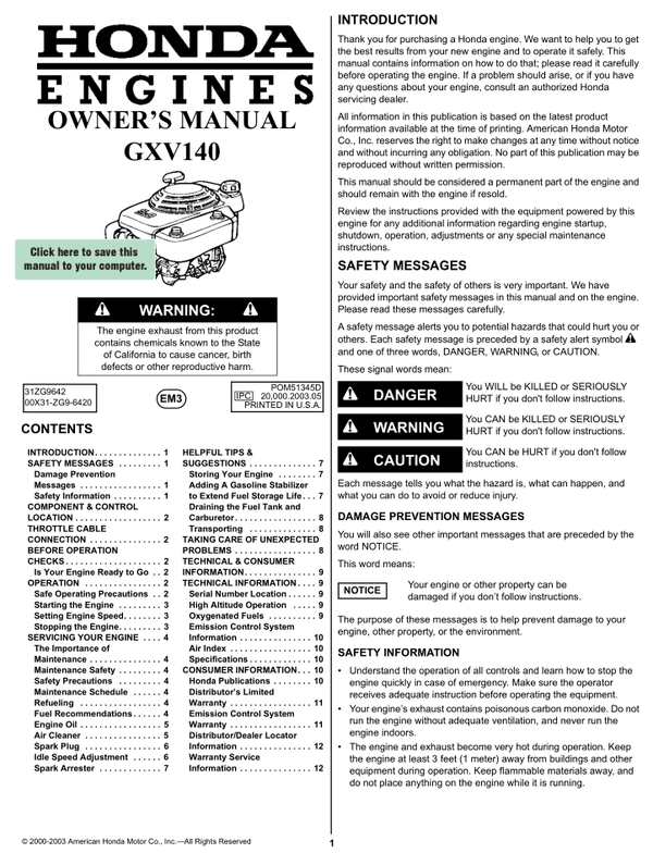 Honda GXV Series GXV140 Operators Service Manual