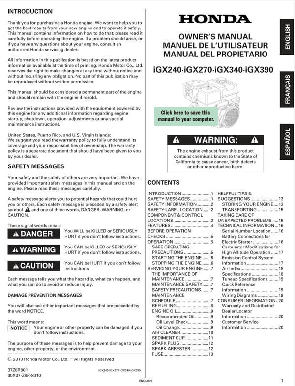 Honda IGX Series IGX240 Operators Service Manual