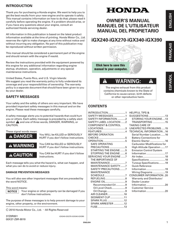 Honda IGX Series IGX270 Operators Service Manual