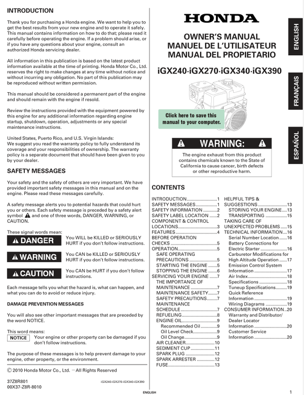 Honda IGX Series IGX390 Operators Service Manual