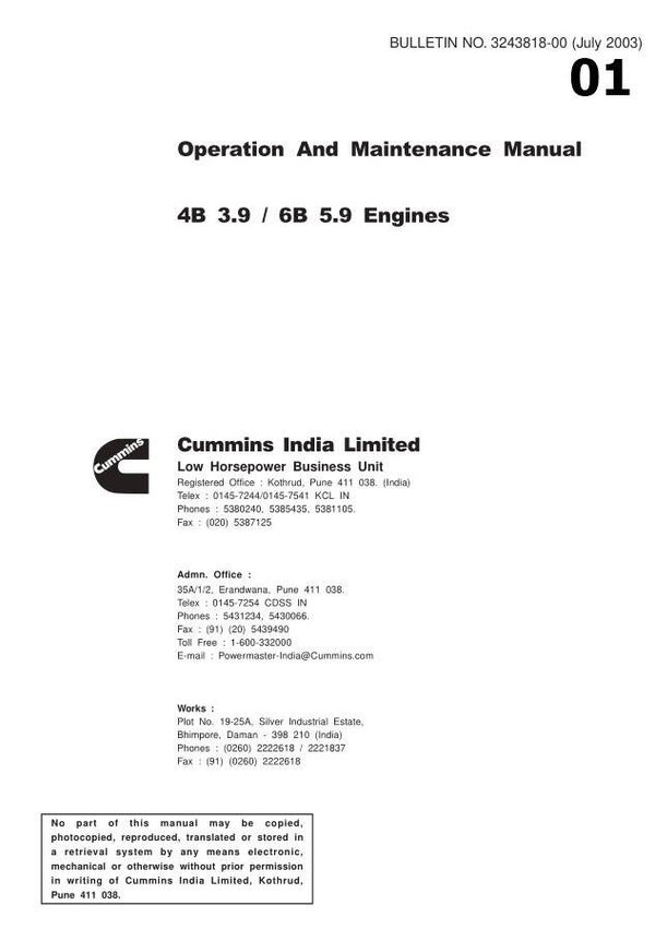 )01 Cummins 4B 3.9 , 6B 5.9 Engines Operation & Maintenance Manual 87 pages