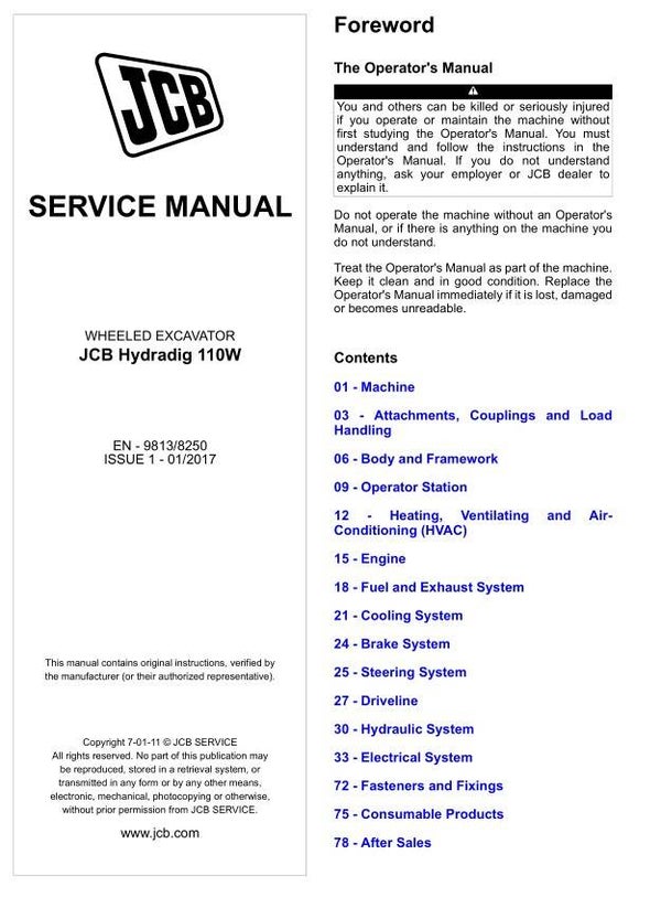 BH 01 JCB 110w Hydradig Wheeled Excavator Service Repair Manual 1577 pages