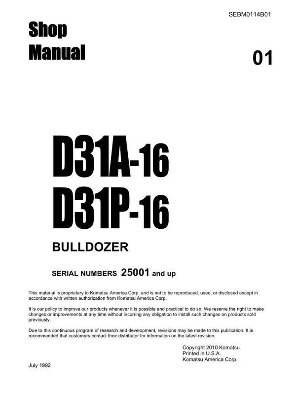 KM  01 Komatsu D31A-16 , D31P-16 S.N 25001-UP Workshop Manual 551 pages
