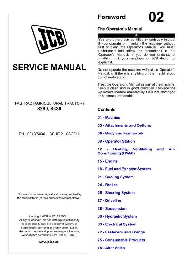 JA 02 JCB Agricultural Tractor Fastrac 8290, 8330 Service Repair Manual 1605 pages