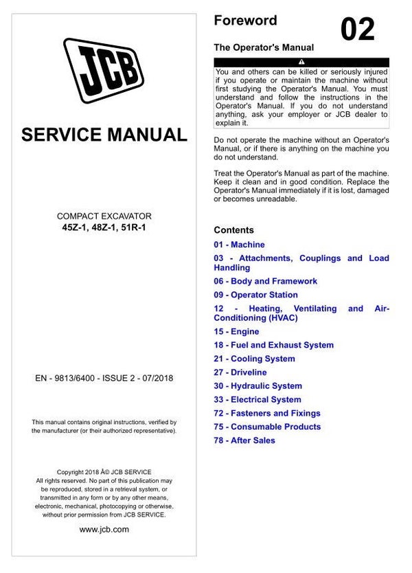 BH  02 JCB 45Z-1, 48Z-1, 51R-1 Compact Excavator Service Repair Manual 1379 pages