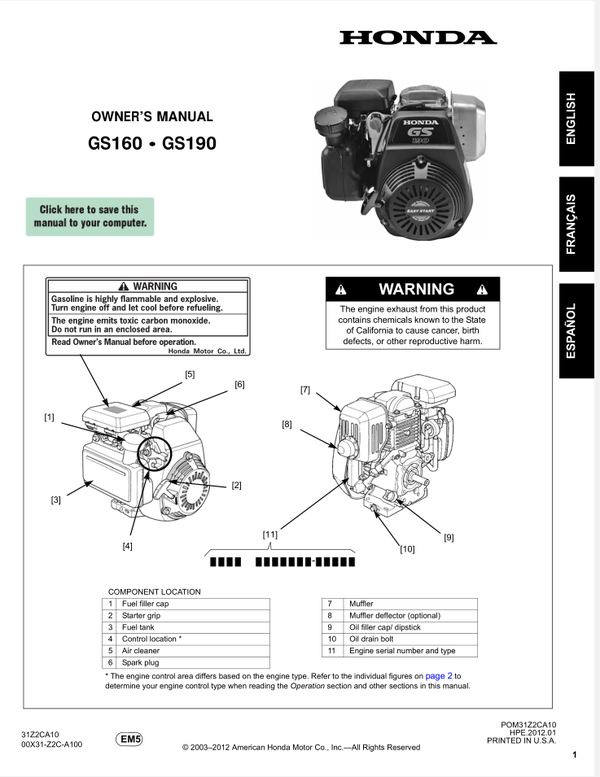 Honda GS Series -GS160 Operators Service Manual