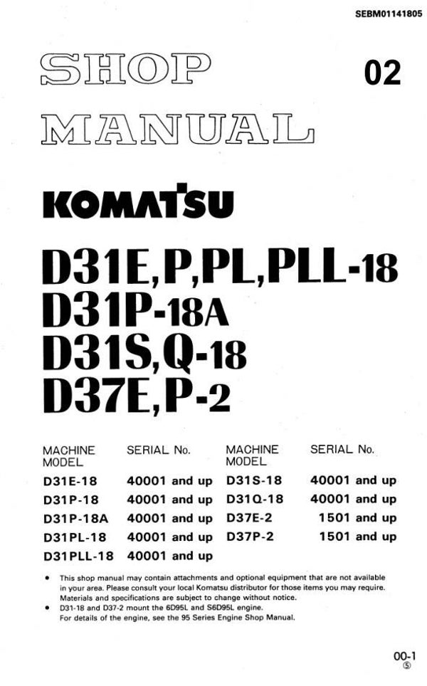KM  02 Komatsu D31E-18, D31P-18, D31S-18, D31Q-18 Series Japan Bulldozer Workshop Manual 370 pages