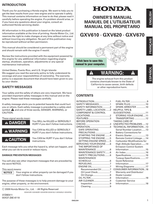 Honda GXV Series GXV610 Operators Service Manual