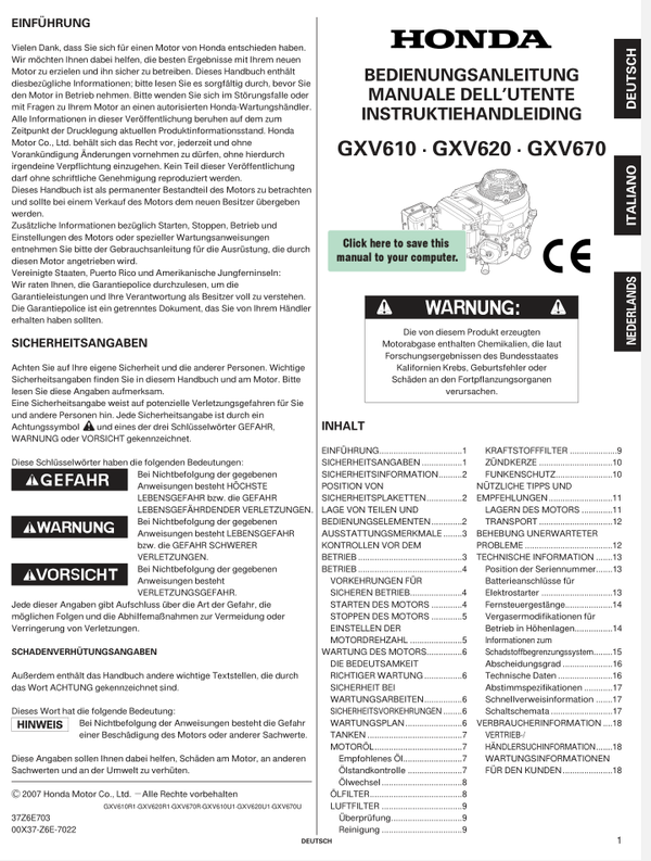 Honda GXV Series GXV620 Operators Service Manual