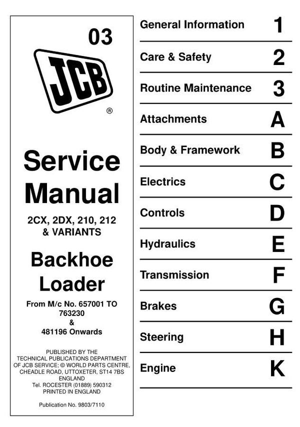 BH 03 JCB 2CX, 2DX, 210, 212 & VARIANTS Backhoe Loader Service Repair Manual 380 pages
