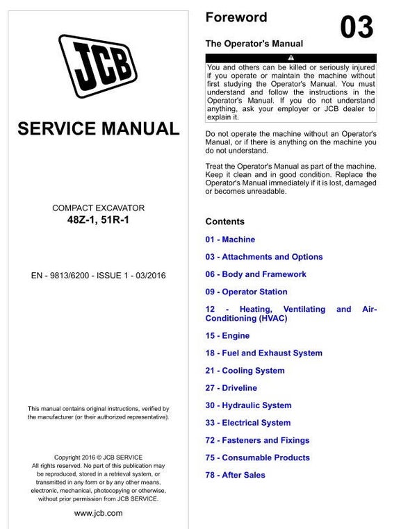BH  03 JCB 48Z-1, 51R-1 Compact Excavator Service Repair Manual 1207 pages