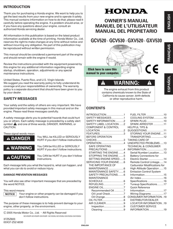 Honda GCV Series -GCV520 Engine Operators Service Manual