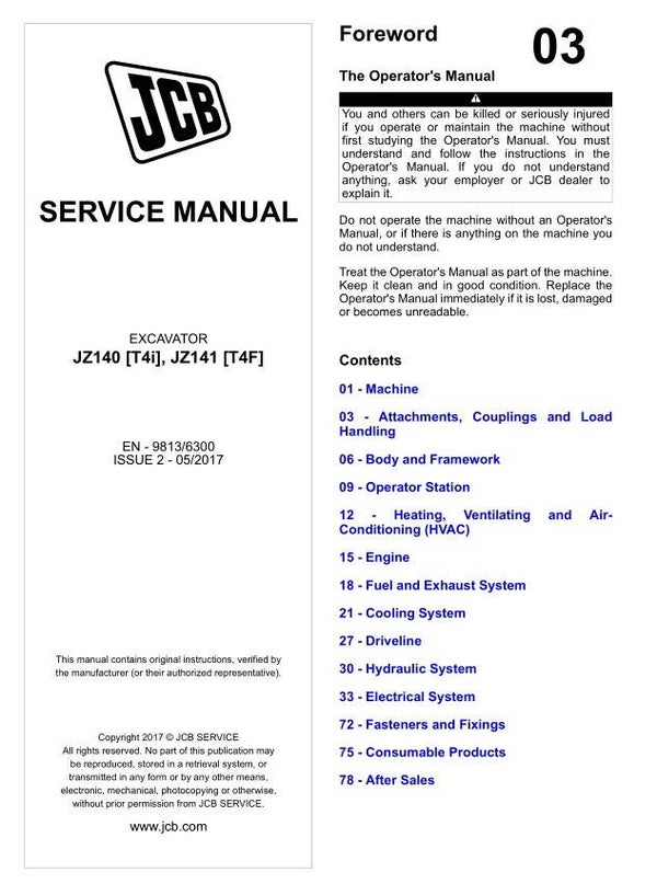 BH 03 JCB JZ140 T4i, JZ141 T4F Excavator Service Repair Manual 1669 pages