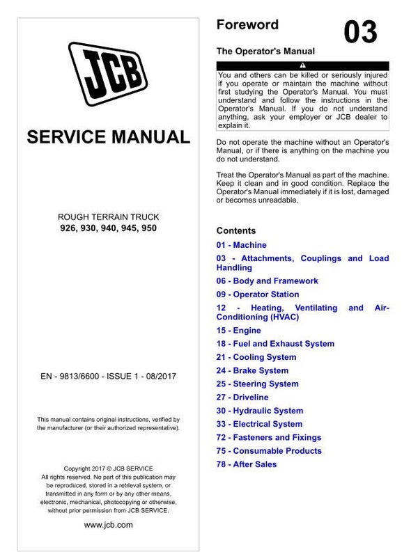 BH 03 JCB 926, 930, 940, 945, 950 Rough Terrain Truck Service Repair Manual 1407 pages