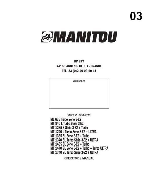 Man  03 Manitou ML 635 to MT 1740 Telehandler Operators Manual 233 pages