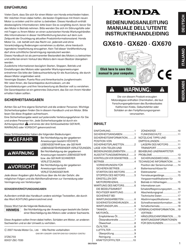 Honda GX Series -GX670 Owners Service Manual