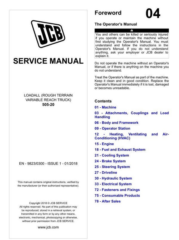 JC 04 JCB 505-20 Reach Truck Service Repair Manual 1789 pages