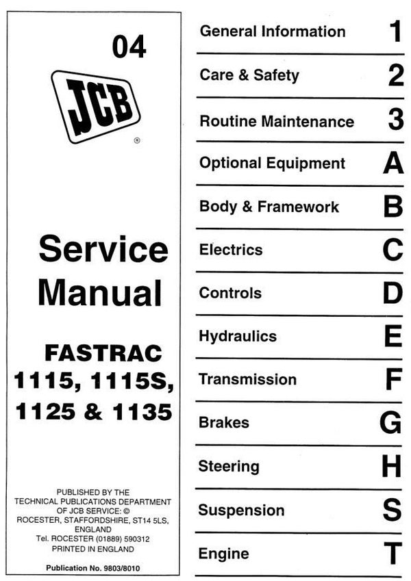 JA 04 JCB Fastrac 1115, 1115S, 1125, 1135 Service Repair Manual 561 pages