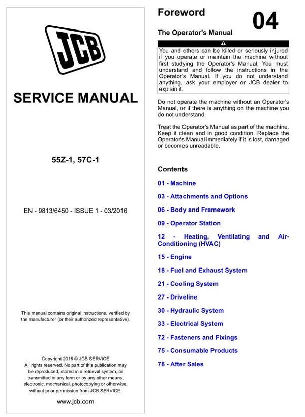 BH  04 JCB 55Z-1 , 57C-1 Excavator Service Repair Manual 1312 pages